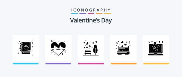 Valentines Day Glyph Icon Pack Including Laptop Love Bed Garden — Stock vektor