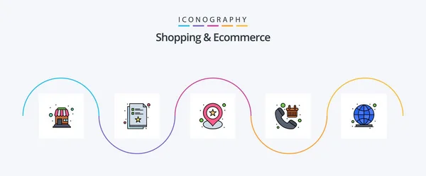 Shopping Ecommerce Line Filled Flat Icon Pack Including Global Checkout — Vettoriale Stock