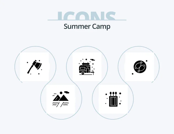Summer Camp Glyph Icon Pack Icon Design Meet Camping Fish — Stok Vektör