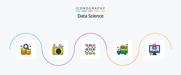 Data Science Line Filled Flat Icon Pack Including Computer Data — Stockový vektor