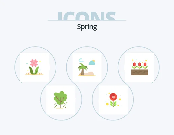 Spring Flat Icon Pack Icon Design Flower Tree Flora Palm — Vettoriale Stock