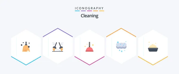 Cleaning Flat Icon Pack Including Clean Washing Bowl — Stock Vector