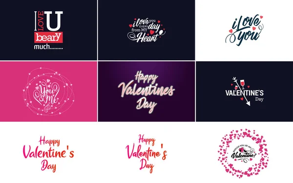 Happy Valentine Day Typography Design Watercolor Texture Heart Shaped Wreath — Archivo Imágenes Vectoriales