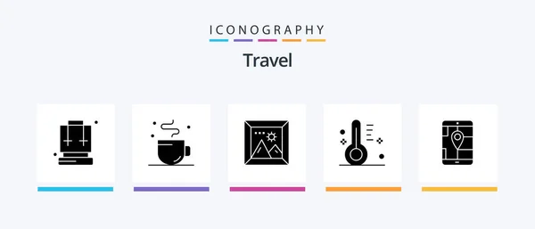 Travel Glyph Icon Pack Including Gps Temperature Gallery Sunny Cloudy — Stok Vektör