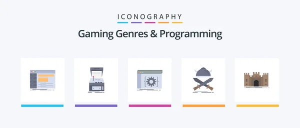 Gaming Genres Programming Flat Icon Pack Including Emblem Software Game — Stock Vector