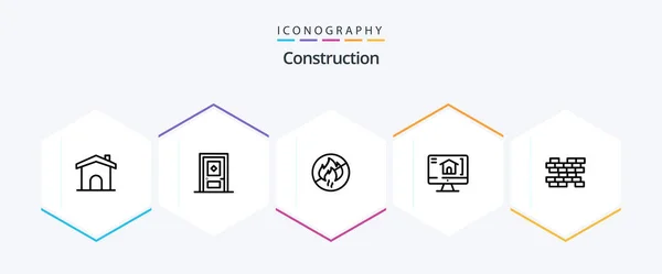 Construction Line Icon Pack Including Wall Brick Fire House Computer — Vetor de Stock