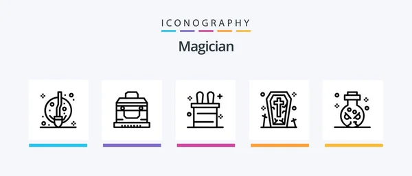 Magician Line Icon Pack Including Halloween Show Burning Piercings Box — Stok Vektör