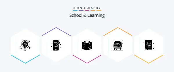 School Learning Glyph Icon Pack Including Learning Knowledge Guide Book — Stockvector