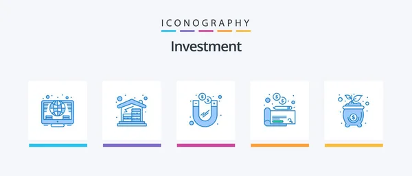 Investment Blue Icon Pack Including Investment Bag Dollar Payment Cheaque — Archivo Imágenes Vectoriales