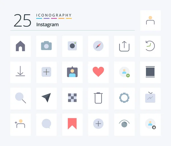 Instagramの25フラットカラーアイコンパックロゴを含む アップロード 写真だ ナビゲーション — ストックベクタ