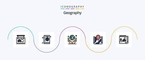Geo Graphy Line Filled Flat Icon Pack Including Location Map — Stock Vector
