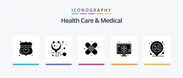 Health Care Medical Glyph Icon Pack Including Location Sign Stethoscope — Vetor de Stock