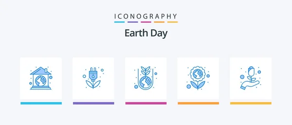 Earth Day Blue Icon Pack Including Planting Flower Plug Environmental — Stok Vektör