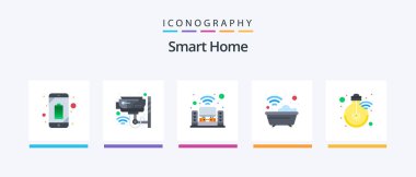 Smart Home Flat 5 Icon Pack Including washroom. smart. surveillance. house. music system. Creative Icons Design