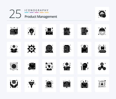 Product Management 25 Solid Glyph icon pack including gear. performance method. technology. performance management. product