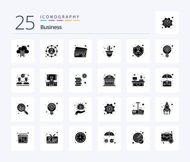 Business 25 Solid Glyph icon pack including shield. insurance. card. flower pot. flower