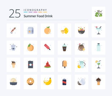 Summer Food Drink 25 Flat Color icon pack including fruit. food. milk. lemon. fruit