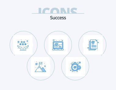 Sucess Blue Icon Pack 5 Icon Design. tick mark. checked. timer. seo. review