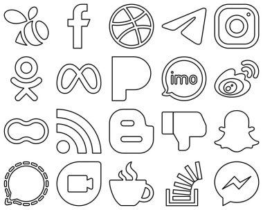 20 Stylish and elegant Black Line Social Media Icons such as video. imo. instagram. pandora and meta icons. Modern and high-quality