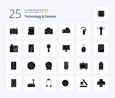 Devices 25 Solid Glyph icon pack including bluetooth. multi media. camera. movie. projector