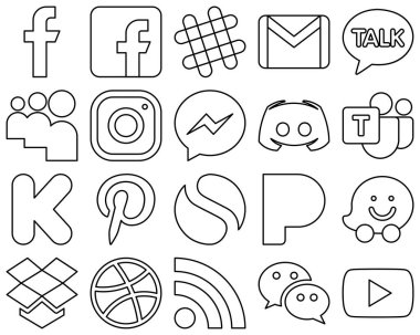 20 Customizable Black Outline Social Media Icons such as text. discord. myspace. fb and messenger icons. Fully customizable and high-quality