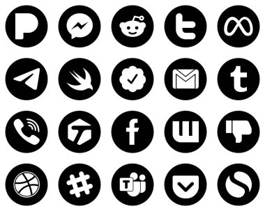 20 Minimalist White Social Media Icons on Black Background such as tumblr. email. facebook. gmail and swift icons. Versatile and premium