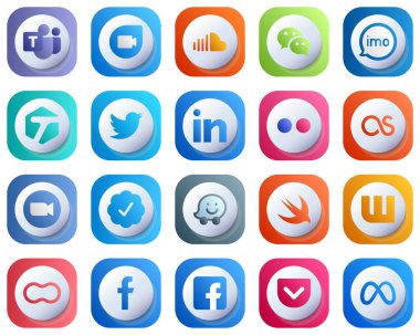 20 Cute Modern 3D Gradient Social Media Icons such as flickr. linkedin. imo. tweet and tagged icons. Fully Editable and Modern