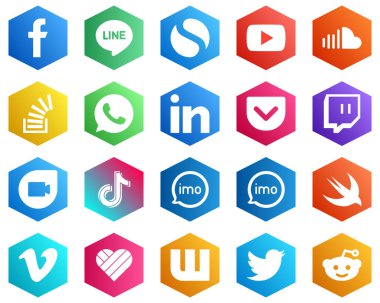 25 Minimalistic White Icons such as pocket. linkedin. sound. whatsapp and stock icons. Hexagon Flat Color Backgrounds