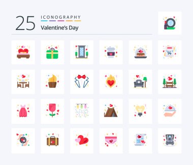 Valentines Day 25 Flat Color icon pack including love. drink. heart. cup. romantic