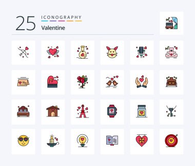 Valentine 25 Line Filled icon pack including talking. cute. flask. love. rabbit