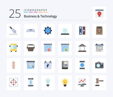 Business & Technology 25 Flat Color icon pack including directory. siren. browser. emergency. alert