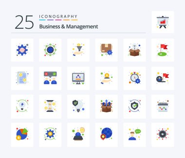 Business And Management 25 Flat Color icon pack including idea. box. filter. gear. package