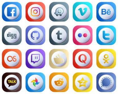 20 Cute Modern 3D Gradient Social Media Icons such as lastfm. twitter. video. yahoo and tumblr icons. Fully Editable and Modern