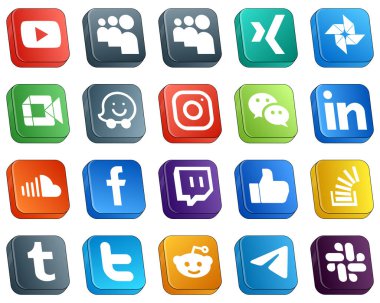 Isometric 3D Social Media Brand Icon Set 20 icons such as sound. professional. waze. linkedin and wechat icons. Premium and high-quality