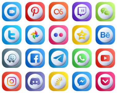 Cute 3D Gradient Social Media Brand Icons 20 pack such as fb. waze. google photo. behance and tencent icons. High-Definition and Professional