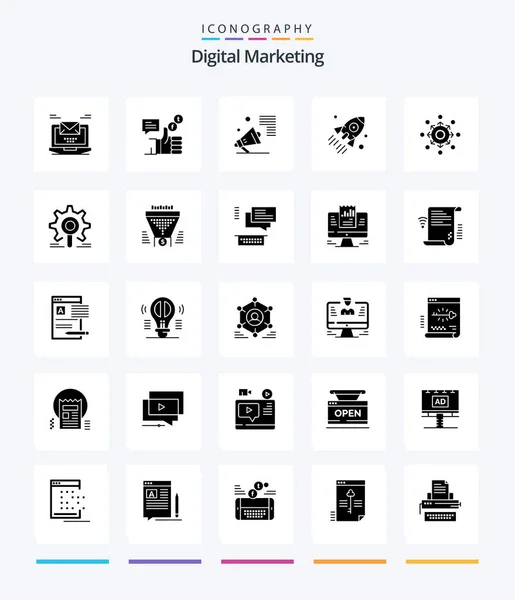 Creative Digital Marketing Glyph Solid Black Icon Pack Business Launch — Stock Vector
