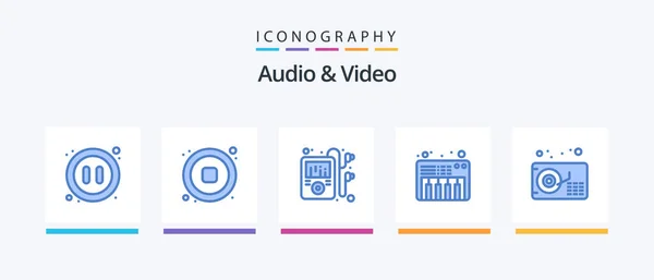 Audio Video Blue Icon Pack Including Gramophone Multimedia Audio Piano — Archivo Imágenes Vectoriales