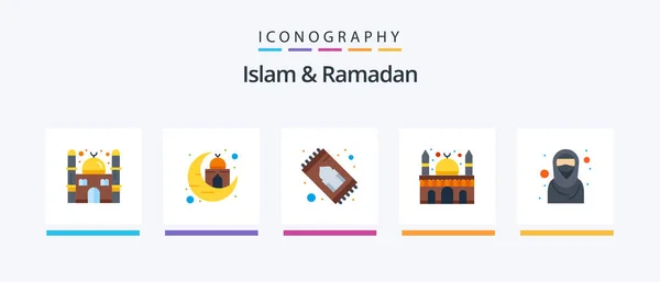 Islam Ramadan Flat Icon Pack Including Islamic Girl Moslem Muslim — 图库矢量图片