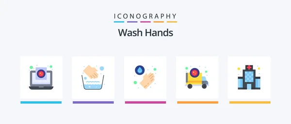 Wash Hands Flat Icon Pack Including Building Transmission Water Bowl — Vector de stock