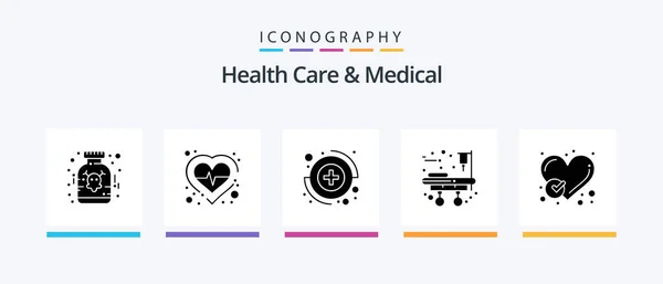 Health Care Medical Glyph Icon Pack Including Heart Checked Capture — Vetor de Stock
