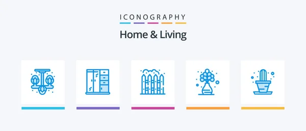 Home Living Blue Icon Pack Including House Living Cactus Plant — Stok Vektör