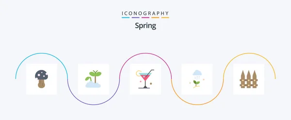 Spring Flat Icon Pack Включаючи Паркан Весна Склянка Природа Хмарний — стоковий вектор