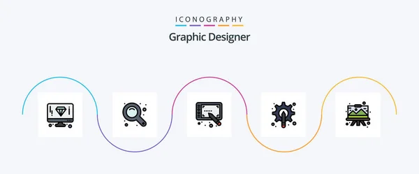 Graphic Designer Line Filled Flat Icon Pack Including Drawing Gear — Stock Vector