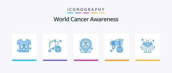 世界がん啓発ブルー5アイコンパック意識を含む 癌の日 肝臓だ 意識だ 医療だ クリエイティブアイコンデザイン — ストックベクタ