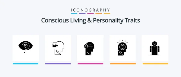 Concious Living Personality Traits Glyph Icon Pack Including Man Idea — Vetor de Stock