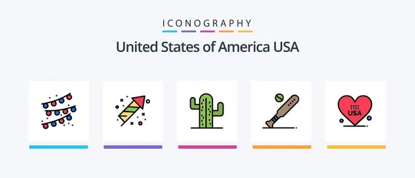 Usa Line Filled Icon Pack Including Plent Cactus Buntings Parade — Διανυσματικό Αρχείο