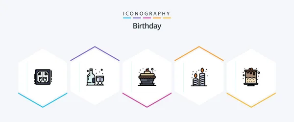 Birthday Filledline Icon Pack Including Birthday Candles Bottle Candle Cupcake — Vector de stock