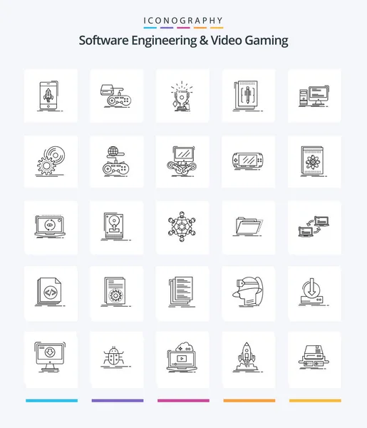 Creative Software Engineering Video Gaming Outline Icon Pack Editor Code — Stockový vektor