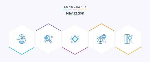 Navigation Blue Icon Pack Including Street Globe Road Map — Vetor de Stock