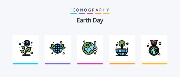 Лінія Дня Землі Заповнила Піктограм Включаючи Землю Енергія Лампочка Екологія — стоковий вектор